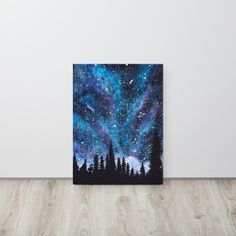 an acrylic painting of the night sky with stars and trees