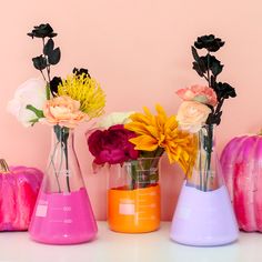 three vases with flowers in them sitting on a table next to some pumpkins