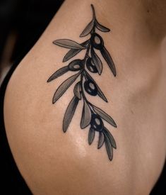 an olive branch tattoo on the back of a woman's shoulder