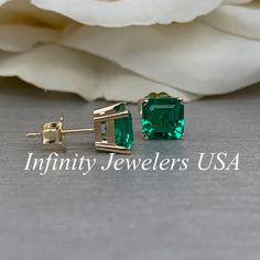 "The stud earrings pictured are lab created emerald #5519. Also shown in white gold. Earring back style is subject to change due to availability. -Approximate total carat weight: 2.00ctw. -Center Stone Size: 6x6mm - approx. 1.00ct each diamond equivalent -Center Stone Shape: Asscher cut -Gem Type: lab created emerald -Stone Clarity: VS2 -Stone Color: lively medium green, eye-clean -Moh's Scale: 8.5 hardness -Metal Type and Purity: 14k yellow gold -Setting: 4 prong basket head -Backing: friction Emerald Birthstone Earrings For Anniversary, May Birthstone Earrings For Anniversary, Green Earrings For Anniversary, Emerald Earring, Emerald Stud Earrings, Emerald Earrings Studs, Half Eternity Wedding Band, Lab Created Emerald, Birthstone Earrings