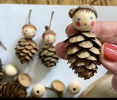 a hand holding a tiny pine cone with other small pine cones in front of it