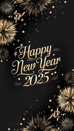 happy new year's card with fireworks in the background and gold lettering on black