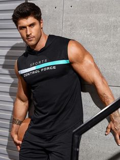 Black  Collar Sleeveless Fabric Letter  Embellished Slight Stretch  Men Activewear Tshirt Design Men, Sport Tank Tops, Top Tank, Sport Gym, Sports Tees