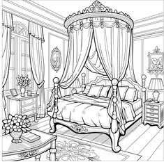 a bedroom with a canopy bed and lots of curtains on the window sill, in black and white