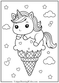 a unicorn ice cream cone with hearts and stars in the sky, coloring pages for kids