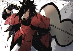 an anime character with long black hair and red outfit holding a knife in his right hand