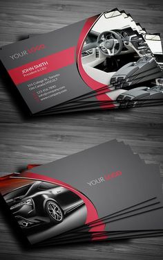 two sided business card with red and black accents