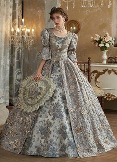 Grey Floral Victorian Ball Gown Dress   Condition: Brand New  Color:Grey  Material: This dress made of High Quality Satins,Lace,soft,smooth and comfortable to wear  Sleeve Length:Half Sleeve  Dresses Length:Floor-Length  Neckline:U-Collar  Decoration: Ruffles + Lace + Relief Printed  Applicable People:Adult  Package Includes: Dress+Hat   The length of skirt about 45 inches (114 cm) long from waist to hem regardless of size. This dress is pictured with a Marie Antoinette Cage Petticoat underneath to achieve the look. Petticoat are NOT INCLUDED with our dresses. Victorian Ballgown Masquerade Ball, Masquerade Ball Gowns Victorian, Old Ball Gowns, Ball Gown Victorian, Marie Antoinette Dress