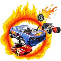 two hot wheels cars are flying through the air with flames around them and on fire