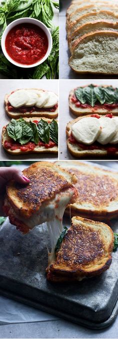 four different views of bread with cheese and tomato sauce on it, including spinach