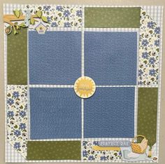 a blue and green quilted wall hanging with flowers on it's sides, along with a yellow button that says welcome spring