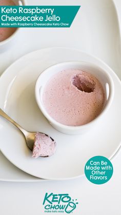 a white plate topped with a bowl of ice cream next to a spoon on top of it