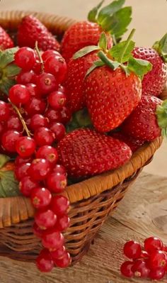 strawberries and berries in a basket on a table