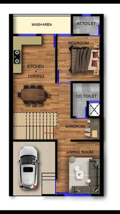 the floor plan for a small apartment with two bedroom and living room, including an attached garage