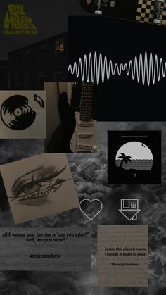 a collage of photos and text with an image of a guitar, palm tree, waves, checkered background