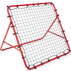 a red and black soccer goal on a white background