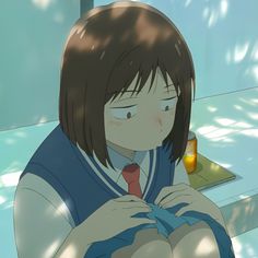 an anime character is sitting down and looking at something in front of her, while holding his hand on his chest