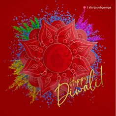 happy diwali greeting card with colorful flowers and dots on red background for diwali