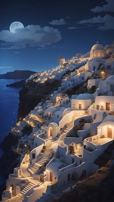 an image of a night scene with the moon in the sky and buildings on the hillside