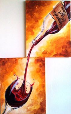 two paintings of red wine being poured into a glass, one in the process of painting