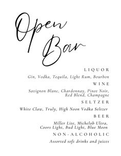 an open bar menu with black ink on white paper