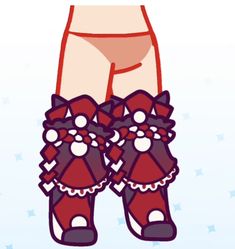 the legs and ankles of a person wearing red stockings with bows on them, standing in front of snowflakes