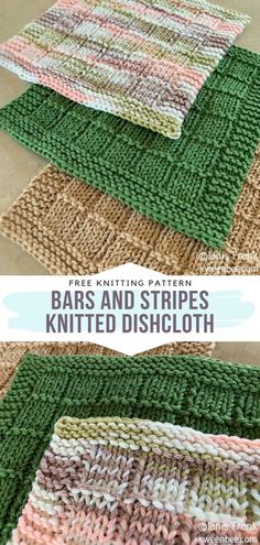 four knitted dishcloths with text overlay that reads free knitting pattern bars and stripes knitted dishcloth