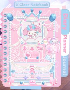 an image of a pink hello kitty notebook with pearls and bows on the front cover