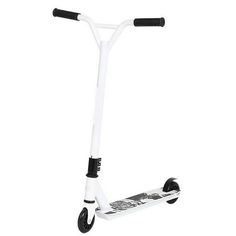 the scooter is white and has black wheels