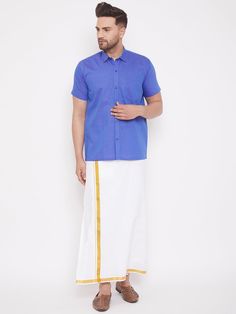 mens blue and white cotton blend shirt and mundu set Half Shirts For Men, Dhoti For Men, Formal Pants For Men, Formal Pant For Men, Mens Half Sleeve, Smart Casual Work, Blue White Top, Half Shirts, Half Sleeve Shirts