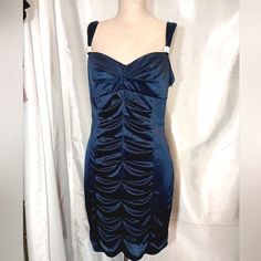 Brand: Pompous Girly Material: Polyester Satin Shell And Lining, Stretchy Style: Sheath Dress, Straps With Jewels Pleated Front & Back, Blue, Interior Bust Pads, Side Zipper. Size: Xl Condition: New Without Tags. There Are No Blemishes, Stains, Loose Threading, Or Snags. Measurements: 38-In Bust, 32 In Waist, 36-In Shoulder To Hem. Blue Ruched Bodice Dress For Night Out, Blue Mini Dress With Ruched Bodice For Date Night, Blue Mini Dress With Fitted Bodice For Date Night, Blue Mini Dress With Ruched Bodice For Night Out, Elegant Blue Mini Dress With Ruched Bodice, Blue Ruched Dress For Dinner, Blue Fitted Mini Dress For Dinner, Blue Ruched Mini Dress For Formal Occasions, Blue Fitted Dinner Dress