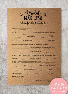 the bridal mad libs advice for the bride to be on a brown paper