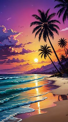 a painting of palm trees on the beach at sunset