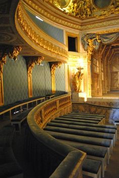 an empty auditorium with seats and gold decorations