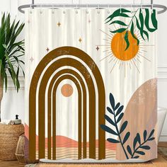 a shower curtain with an arch in the middle and plants on the other side, against a white wall