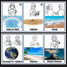 four different pictures with the names of people in each country, and an image of a beach