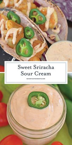 sweet sriraca sour cream with green peppers and jalapenos in the background