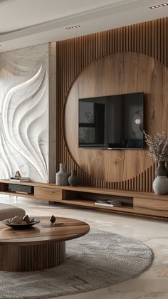 a modern living room with wood paneling and large tv on the wall, surrounded by white rugs