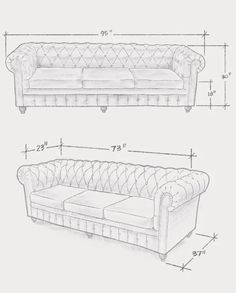 a drawing of a couch and loveseat with measurements for the seat upholstered