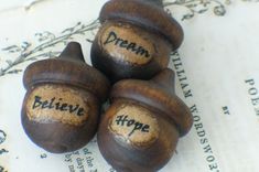 three small brown acorns with words written on them