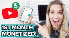 a woman pointing at her phone with the words $ 1 month monetized on it