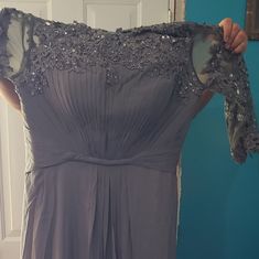 A Lovely Evening Dress Silver Evening Dress For Mother Of The Bride, Fitted Gray Dress For Mother Of The Bride, Silver Fitted Dress For Mother Of The Bride, Morgan Dress, Evening Dress, New Dress, Evening Dresses, Colorful Dresses, Long Sleeve Dress