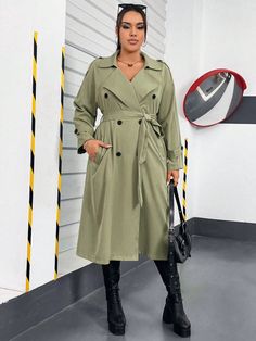 Plus Size Solid Color Double Breasted Belted Pocket Long Sleeve Trench Coat Army Green Casual  Long Sleeve Woven Fabric Plain Regular Non-Stretch  Women Plus Clothing, size features are:Bust: ,Length: ,Sleeve Length: Plus Size Trench Coat, Classic Trench Coat, Double Breasted Trench Coat, Mens Winter Coat, Belted Trench Coat, Long Sleeves Coats, Quilted Coat, Kids Sleepwear, Windbreaker Jacket