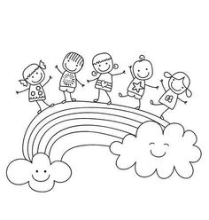 children are playing on the rainbow coloring page