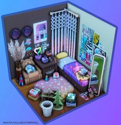 this is an image of a dollhouse bedroom with furniture and decorations on the floor