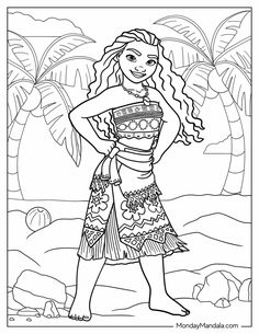 a coloring page with a girl wearing a dress and standing in front of palm trees