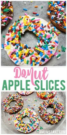 donuts with sprinkles and chocolate frosting on them are shown in this collage