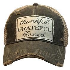 Details Vintage Distressed Trucker Cap "Thankful Grateful Blessed"Color: Black Distressed Material: Cotton/Polyester blend, Mesh backSize: One size fits most, with an adjustable snapback. Unisex cap. Adjustable Flat Bill Baseball Cap For Fall, Distressed Snapback Baseball Cap, Distressed Snapback Baseball Hat, Distressed Adjustable Snapback Baseball Hat, Adjustable Distressed Trucker Hat For Streetwear, Distressed Adjustable Trucker Hat For Streetwear, Gray Distressed Baseball Cap, Gray Distressed Cap, Adjustable Distressed Trucker Hat Baseball Cap