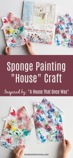 the words sponge painting house craft are shown above two hands holding up paint and paper