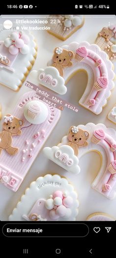 decorated cookies arranged in the shape of numbers and teddy bears on top of each other